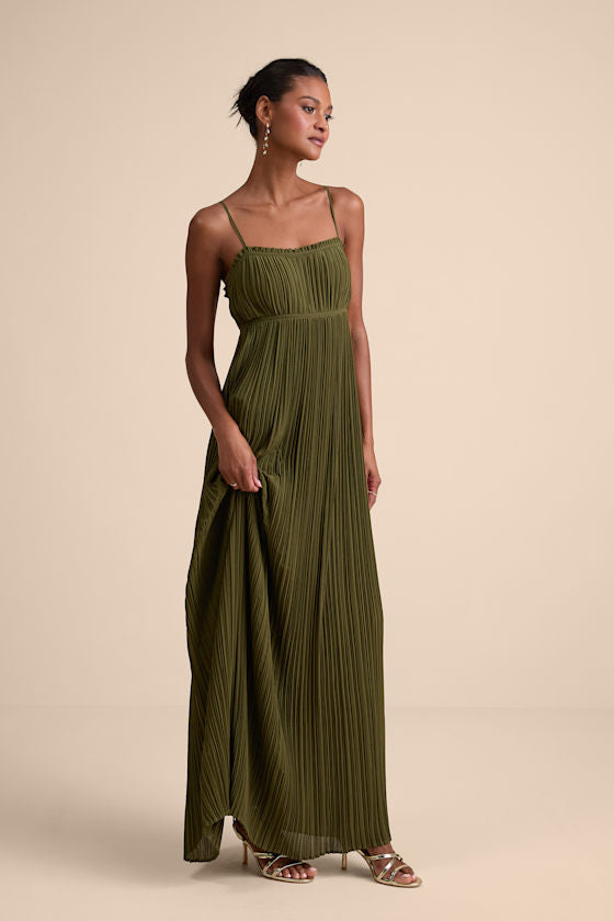 Delina Plum Plisse Chiffon Tie-Back Maxi Dress #Color_Olive