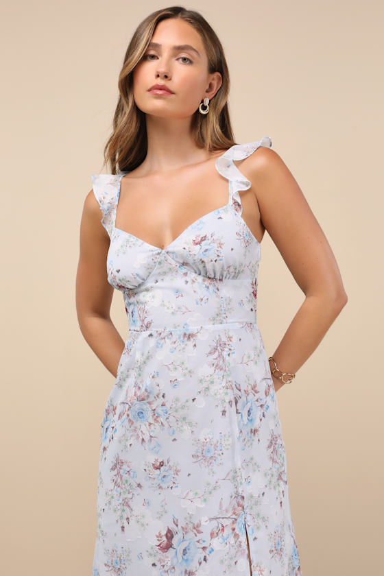 Delightful Direction Blush Floral Ruffled Tie-Strap Midi Dress