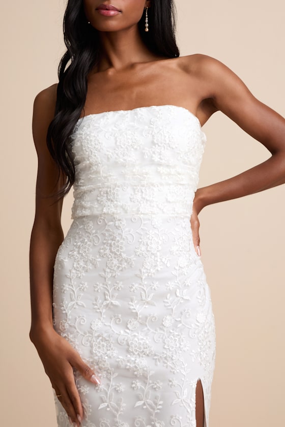 Tera White Floral Embroidered Strapless Midi Dress #Color_White