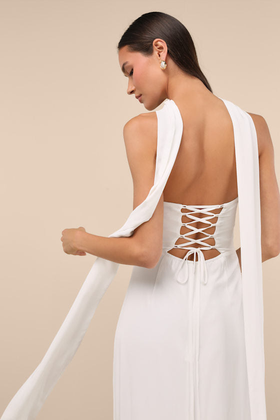 Captivating Spirit White Strapless Dress and Scarf Set #Color_White