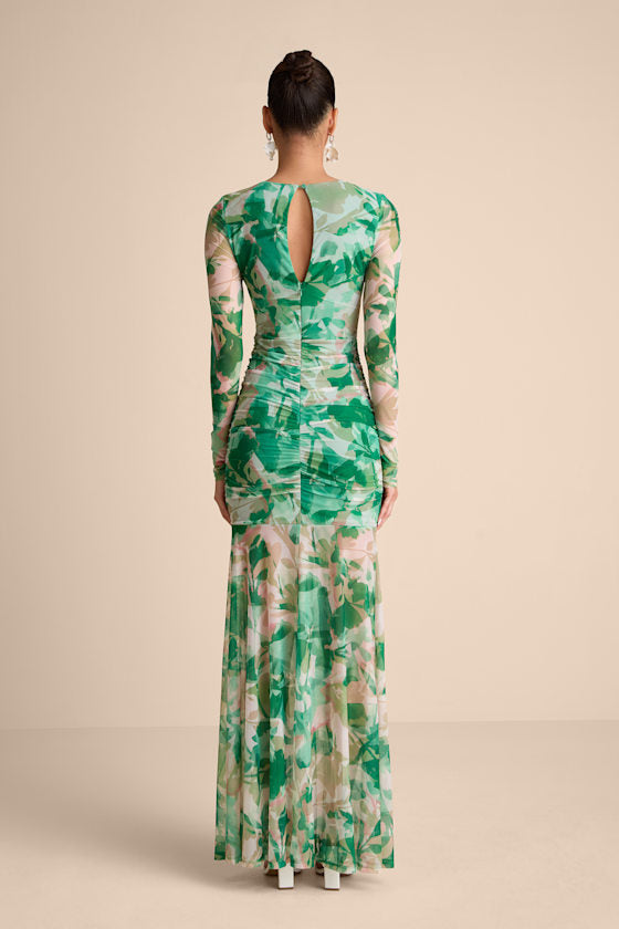 Vibrant Poise Blue Floral Print Mesh Ruched Maxi Dress