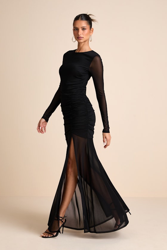 Vibrant Poise Blue Floral Print Mesh Ruched Maxi Dress #Color_Black