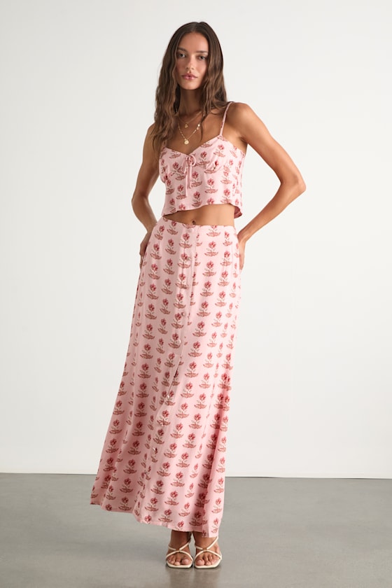 Chel Pink Boho Print Button-Front Maxi Skirt #Color_Pink Boho Print