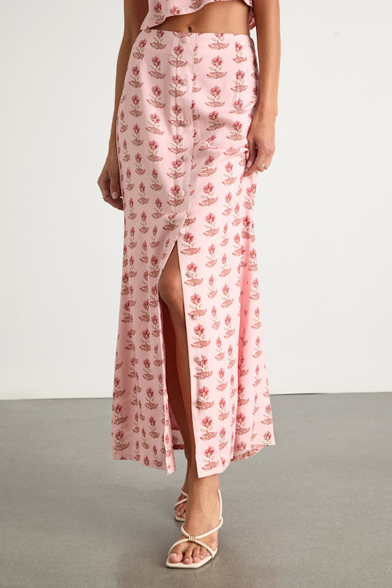 Chel Pink Boho Print Button-Front Maxi Skirt #Color_Pink Boho Print
