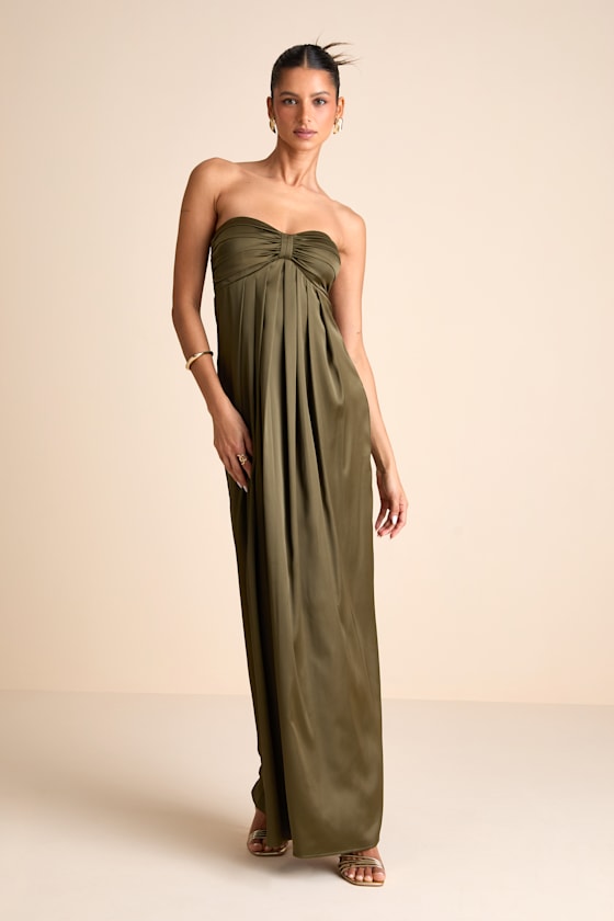 Memorable Entrance Dark Blue Strapless Satin Maxi Dress