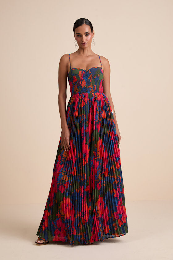 Kinleigh Red Multi Abstract Pleated Bustier Maxi Dress #Color_Red
