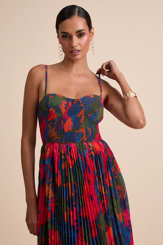 Kinleigh Red Multi Abstract Pleated Bustier Maxi Dress #Color_Red