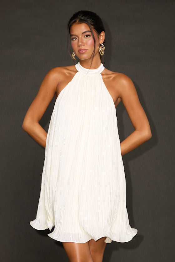 Vaivah Green Abstract Satin Plisse Mock Neck Swing Mini Dress #Color_Ivory
