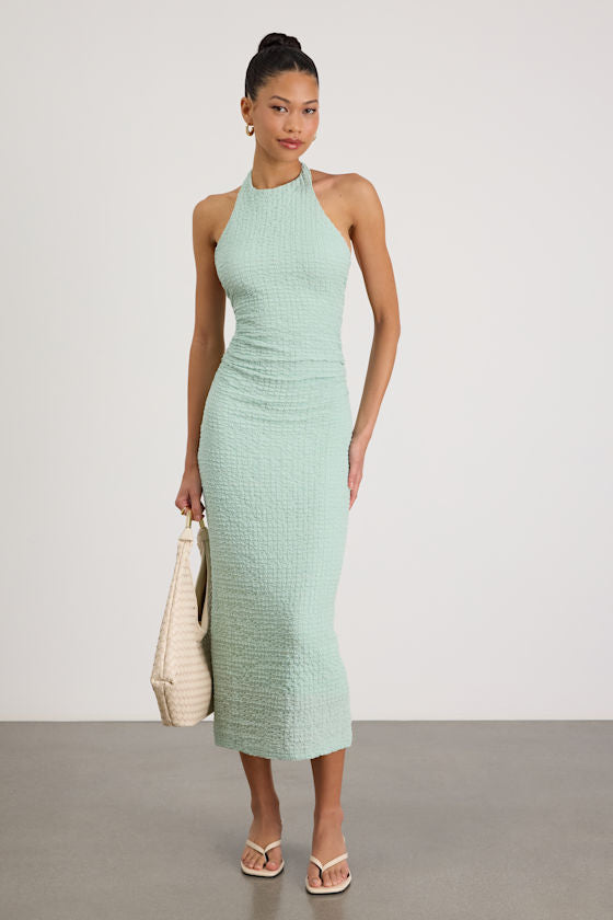 Jodelle Mint Green Textured Halter Midi Dress #Color_Mint Green