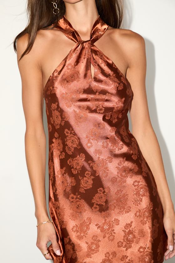 Got the Key Mauve Satin Floral Jacquard Halter Mini Dress