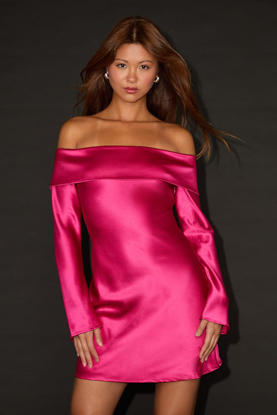 Luxurious Vision White Satin Off-the-Shoulder Mini Dress #Color_Berry Pink