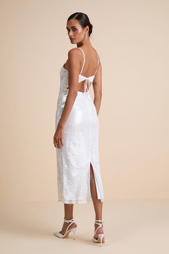 Cahya White Sequin Tie-Back Midi Dress #Color_White