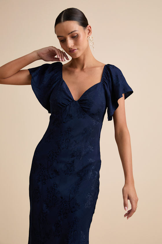 Effervescent Afternoon Slate Satin Flutter Sleeve Midi Dress #Color_Navy