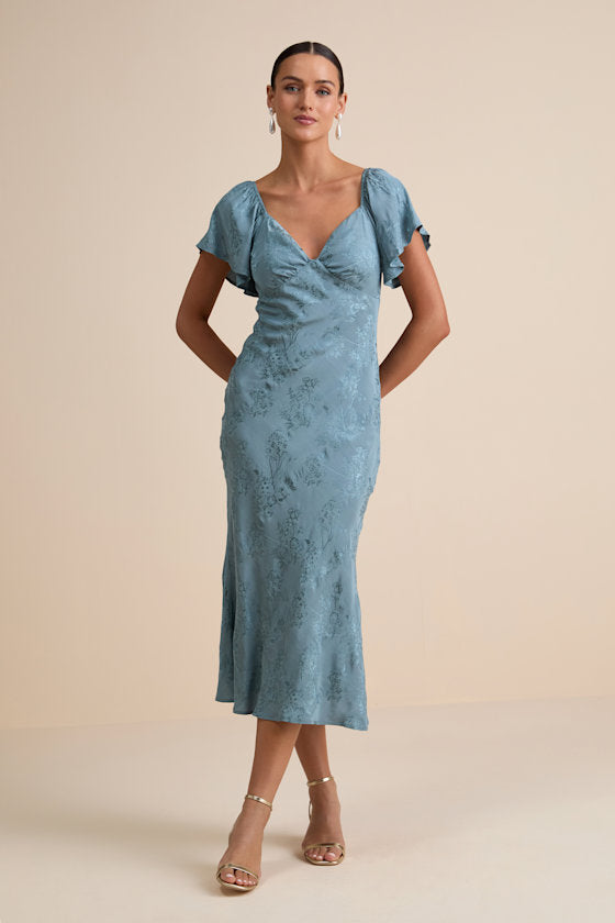 Effervescent Afternoon Slate Satin Flutter Sleeve Midi Dress #Color_Slate