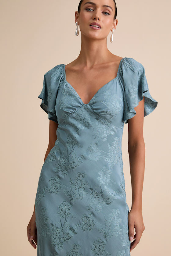 Effervescent Afternoon Slate Satin Flutter Sleeve Midi Dress #Color_Slate