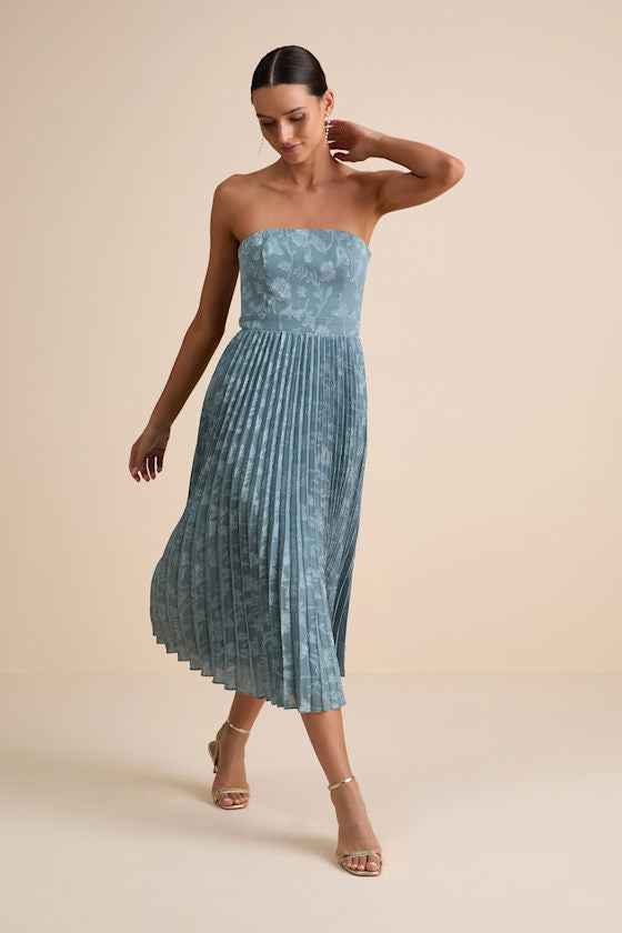 Perfectly Stunning Navy Jacquard Strapless Midi Dress