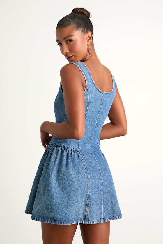 Prinsley Washed Black Denim Button-Front Mini Dress