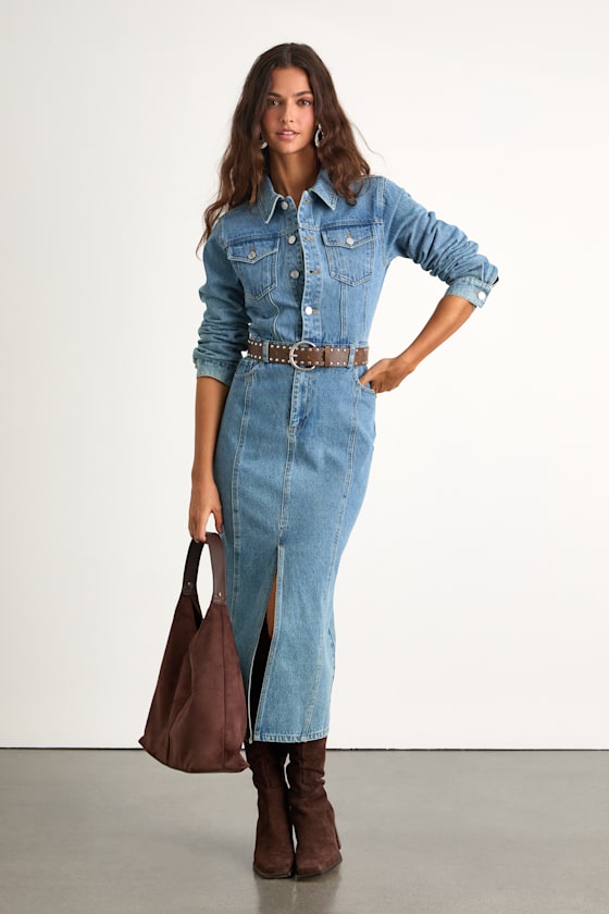 Alarie Medium Wash Denim Long Sleeve Midi Dress #Color_Medium Wash