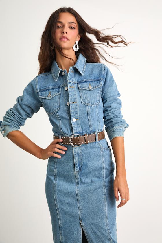 Alarie Medium Wash Denim Long Sleeve Midi Dress #Color_Medium Wash