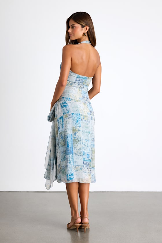 Francine Beige Multi Boho Print Halter Midi Dress