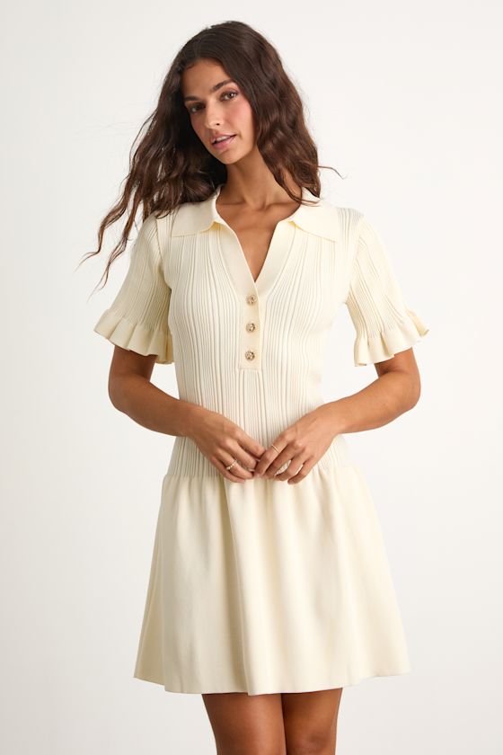 Yavina Black Collared Skater Sweater Mini Dress #Color_Cream
