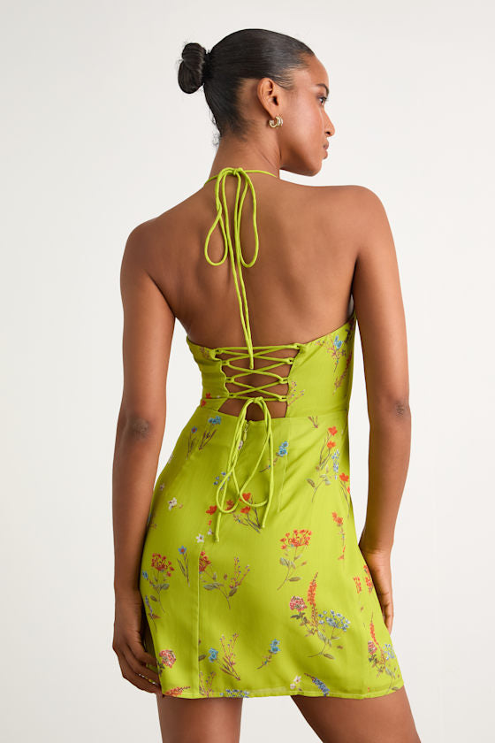 Catch the Bouquet Light Yellow Floral Halter Lace-Up Mini Dress