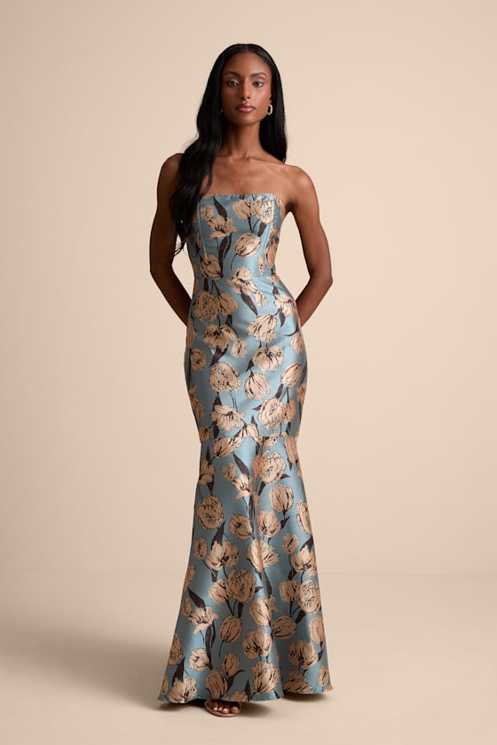 Gowning Around Mauve Floral Jacquard Strapless Maxi Dress