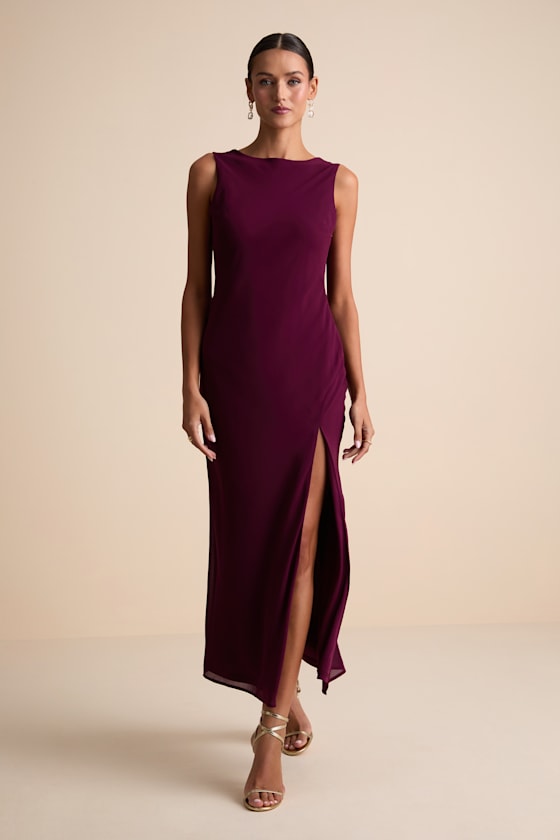 Yaneli White Boat Neck Cowl Back Maxi Dress #Color_Plum