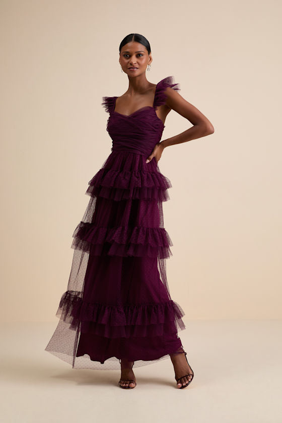 Pure Radiance Sage Brush Mesh Swiss Dot Tiered Maxi Dress #Color_Plum Purple
