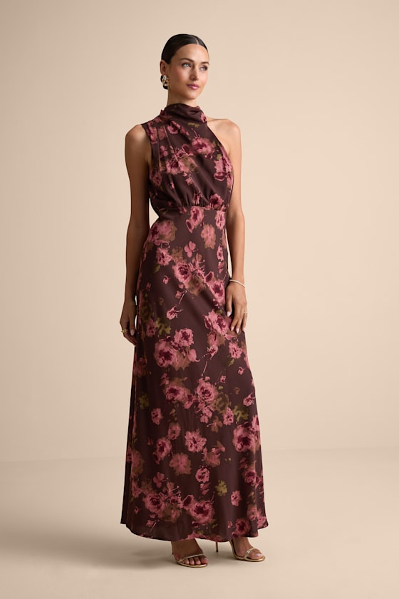 Distinctive Charm Olive Green Satin Asymmetrical Maxi Dress #Color_Brown Floral