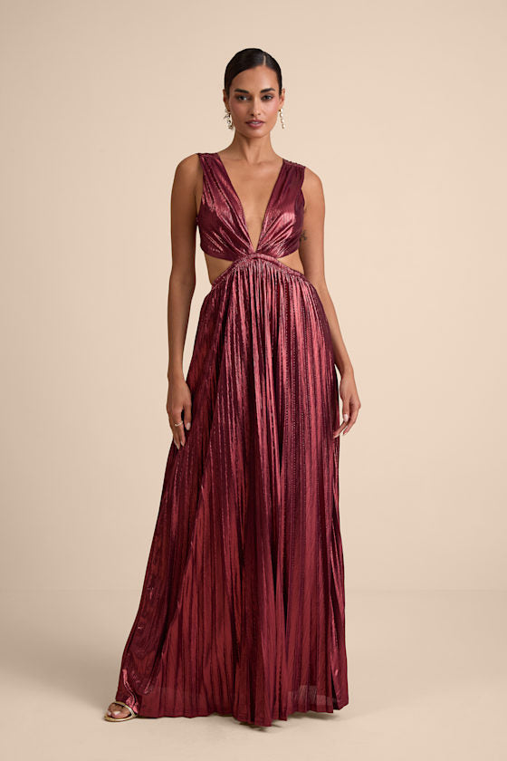 Shining Luxury Bronze Metallic Lurex Cutout Maxi Dress #Color_Wine Red Metallic