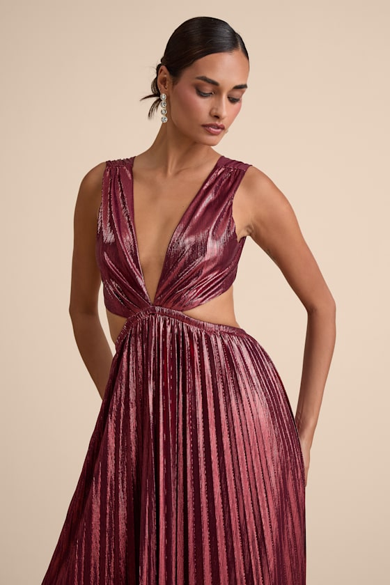 Shining Luxury Bronze Metallic Lurex Cutout Maxi Dress