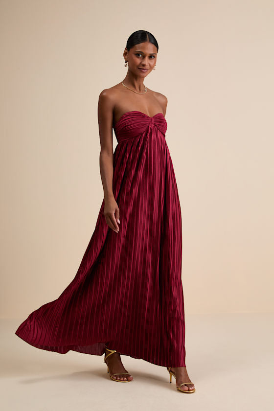 Whimsical Beauty Black Satin Plisse Strapless Maxi Dress #Color_Wine Red