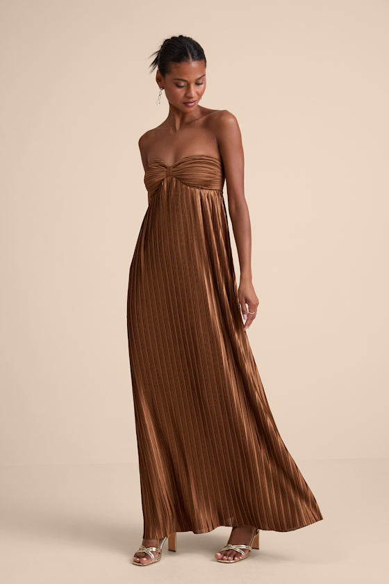 Whimsical Beauty Black Satin Plisse Strapless Maxi Dress #Color_Brown
