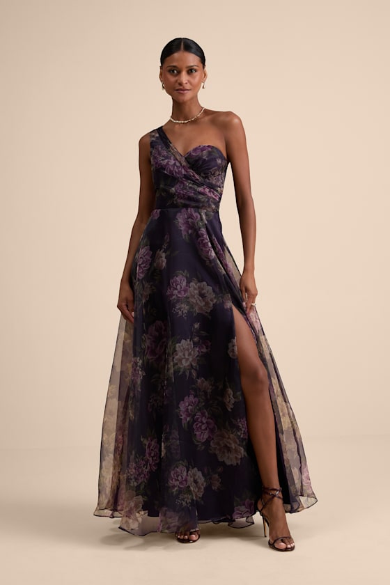 Truly Extraordinary Black Floral Organza One-Shoulder Maxi Dress #Color_Plum Floral