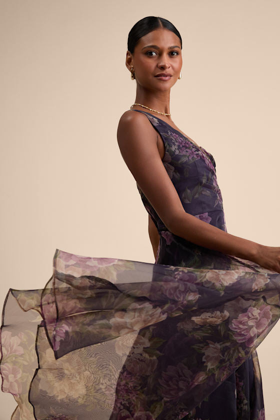 Truly Extraordinary Black Floral Organza One-Shoulder Maxi Dress