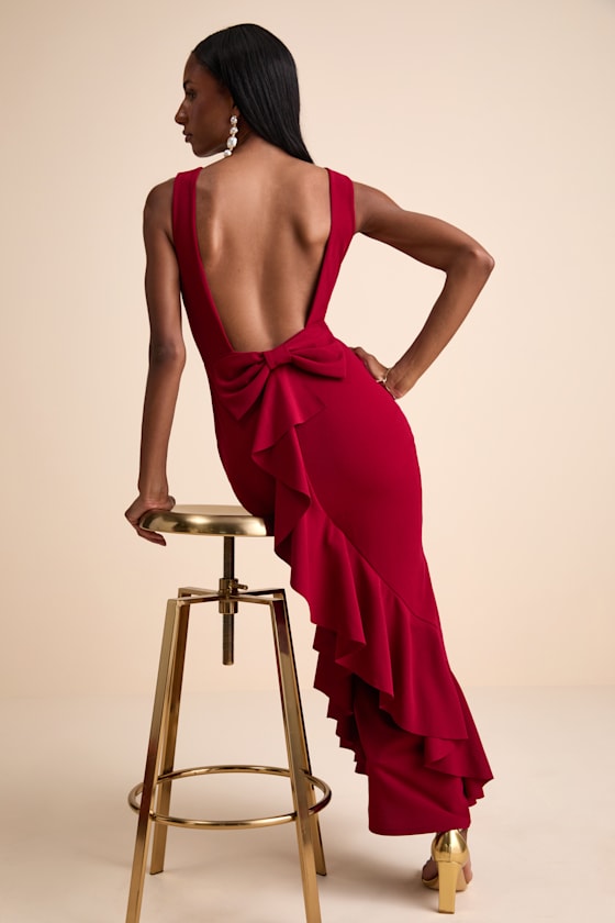 Exquisite Refinement Ivory Backless Bow Ruffled Maxi Dress #Color_Red