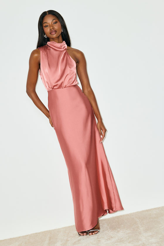 Distinctive Charm Rose Pink Satin Asymmetrical Maxi Dress #Color_Rose Pink