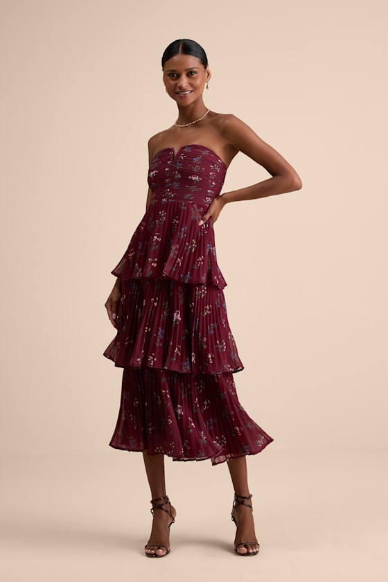 Hadelyn Lavender Floral Pleated Tiered Midi Dress #Color_Wine Red Floral