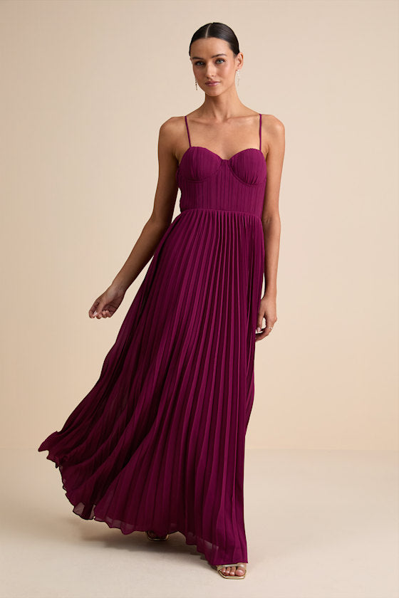 Admirable Elegance Plum Pleated Bustier Maxi Dress #Color_Plum