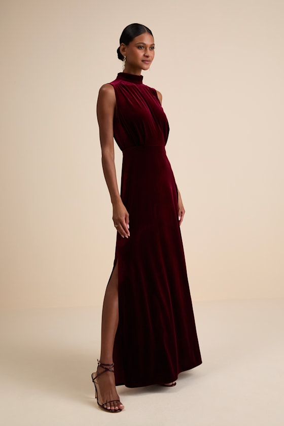 Classic Elegance Brown Velvet Sleeveless Mock Neck Maxi Dress