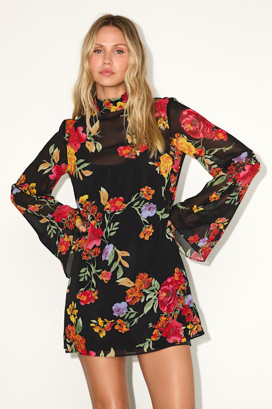 Perfected Charm Black Bell Sleeve Mini Shift Dress