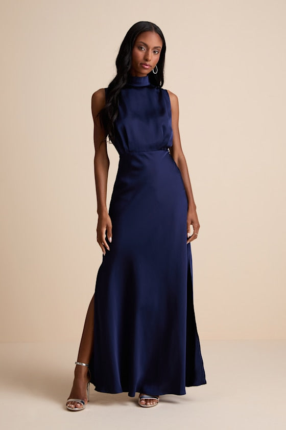 Classic Elegance Olive Satin Sleeveless Mock Neck Maxi Dress
