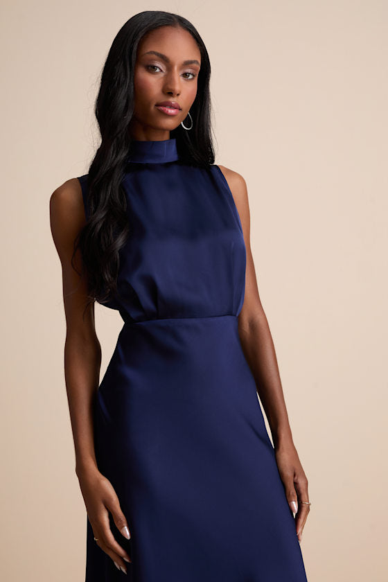 Classic Elegance Navy Satin Sleeveless Mock Neck Maxi Dress