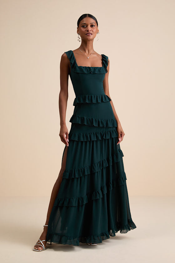 Compelling Romantic Dark Blue Ruffled Tiered Maxi Dress #Color_Dark Green