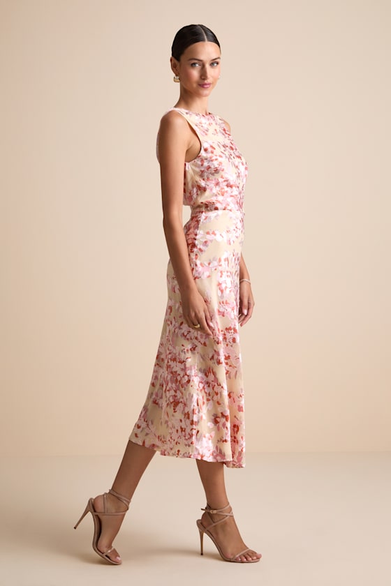 Tarice Beige Floral Jacquard Cowl Back Midi Dress #Color_Beige