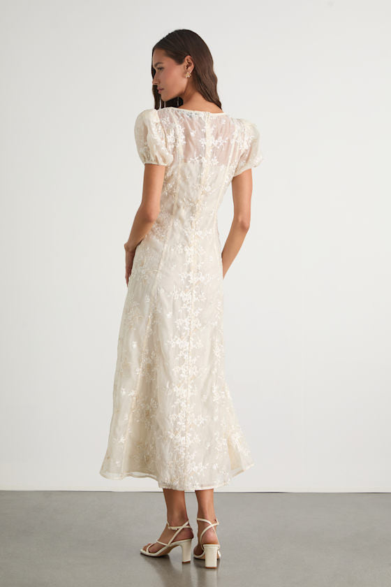 Elfrieda Blush Floral Embroidered Puff Sleeve Midi Dress