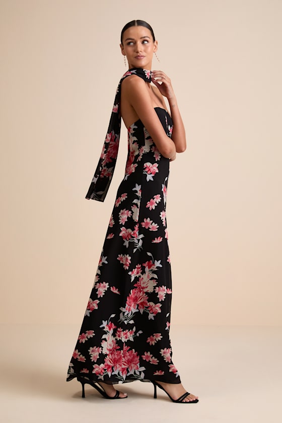 Rawya Red Orange Strapless Maxi Dress and Scarf Set #Color_Black Floral