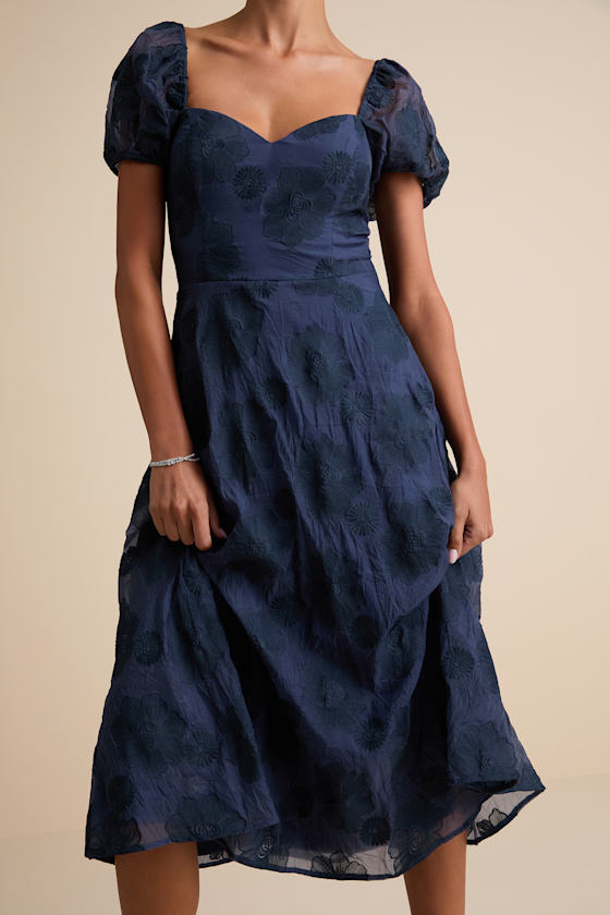 Sweetest Behavior White Embroidered Puff Sleeve Midi Dress #Color_Navy