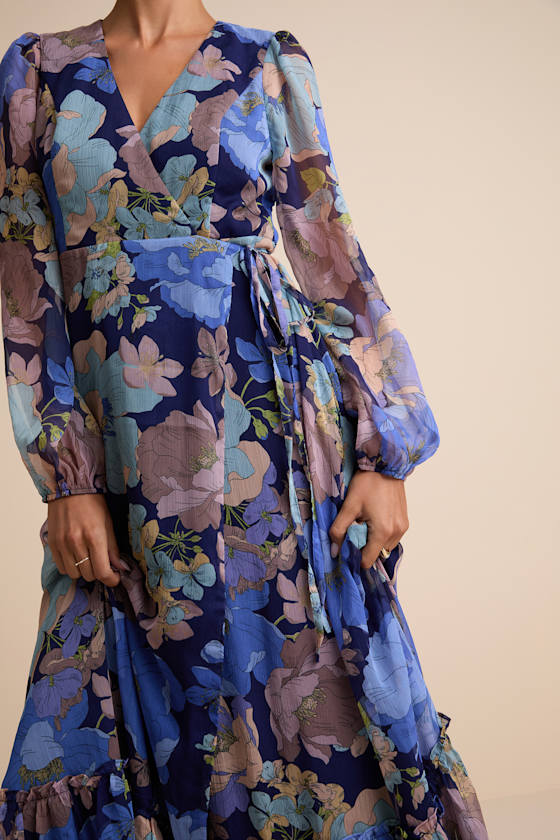 Feeling Sweet Navy Floral Print Long Sleeve Wrap Maxi Dress #Color_Navy Floral Print